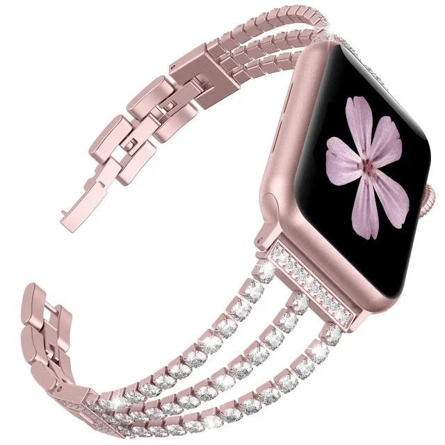rose-pink Для женщин алмаз ремешок для наручных часов для Apple Watch 38 мм, 42 мм, 40 мм 44 наручных часов IWatch серии 5/4/3/2 Нержавеющая сталь браслет ремешок для часов из нержавеющей стали - Цвет ремешка: rose-pink
