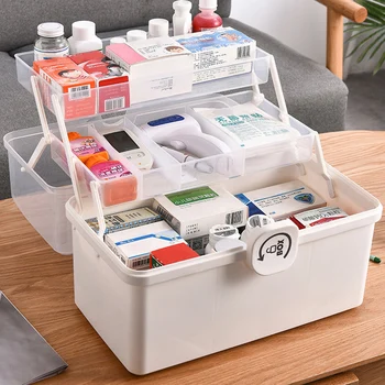 

3/2 Layer Portable First Aid Kit Storage Box Plastic Multi-Functional Family Emergency Kit Box with Handle
