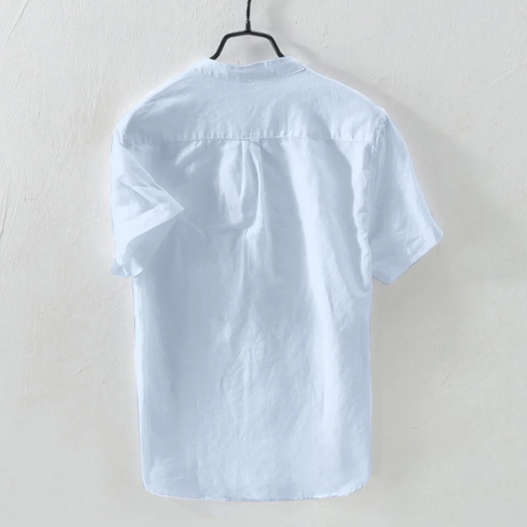 Мужская блузка с короткими рукавами Новое хлопковое белье сплошной цвет свободная кнопка ретро модная футболка Повседневная дышащая удобная верхняя одежда# Y