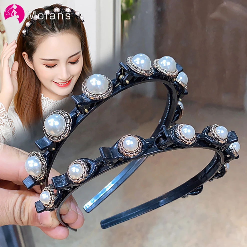 Molanes Diadema antideslizante de Alice para mujer, bandana con perlas, ganchos para el pelo, pinzas de doble flequillo, accesorios el cabello, horquillas|Accesorios para el pelo de mujer|