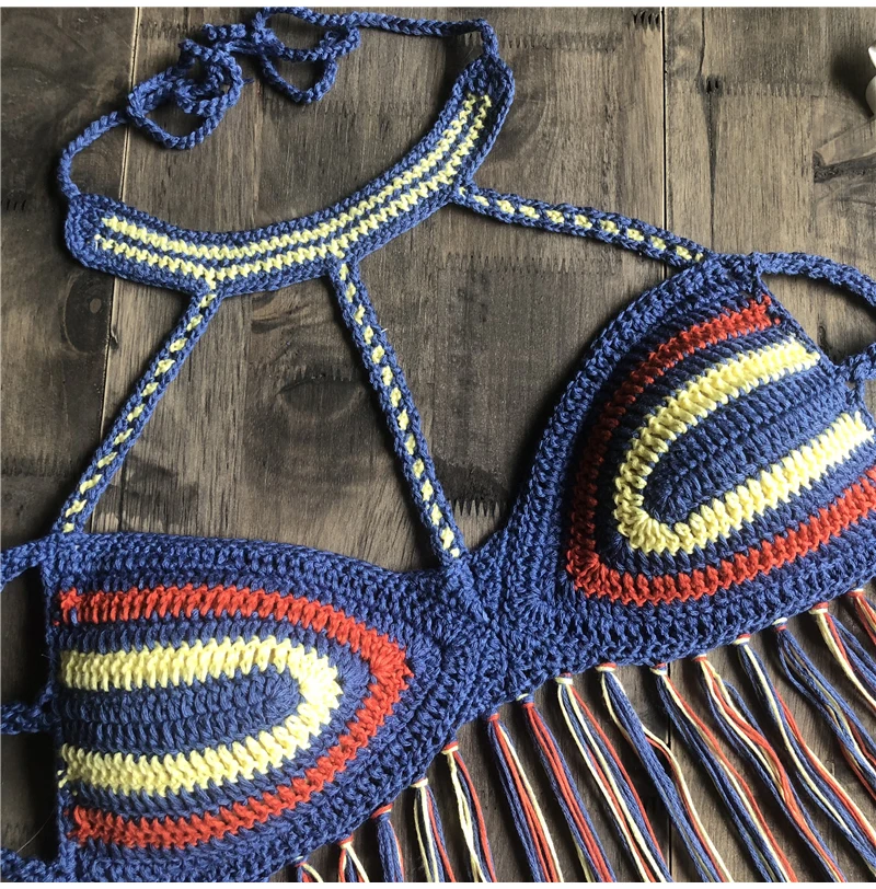 Вязание крючком бикини сексуальный женский бикини с кисточками Топ Boho пляжный купальник бахрома вязаная крючком бикини бюстгальтер Холтер Camisoles Tank купальник