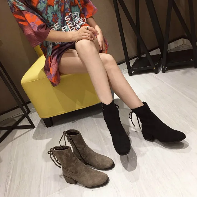 

Boussac Lace up Cross-tie Martin Boots Women Med Heel Ankle Boots for Women Vintage Square Toe Designer Shoes Women SWE0611