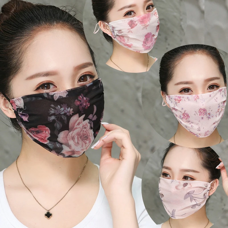 1Pcs Chiffon Floral Printed Masks For Women Summer Breathable Sunscreen Mouth Face Covers Elegant Thin Mouth-muffle Wholesale