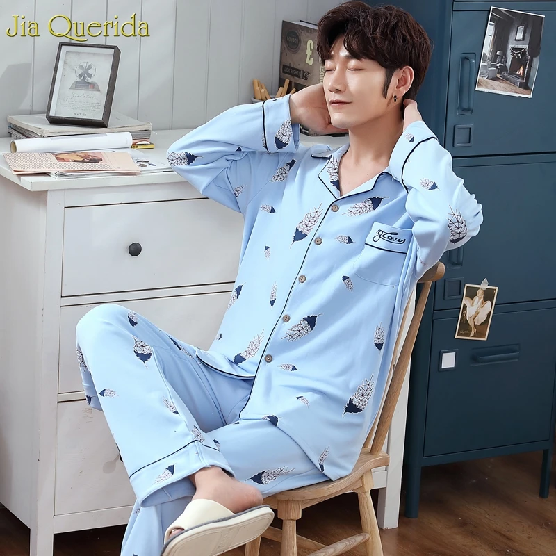 Pijama мужские хлопковые с длинными рукавами Осень Весна Домашняя одежда Синий