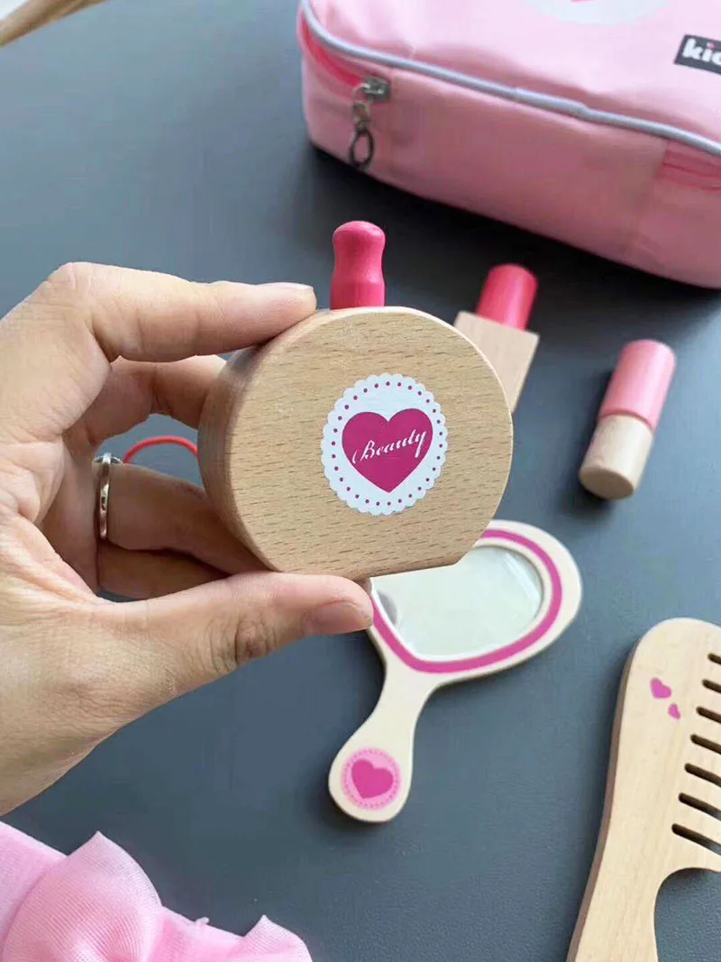 Girls Wooden Makeup Toy Pretend Play Non-toxic Beauty and Fashion Comestic set include Mirror Comb Lipstick Nail Polish Gift