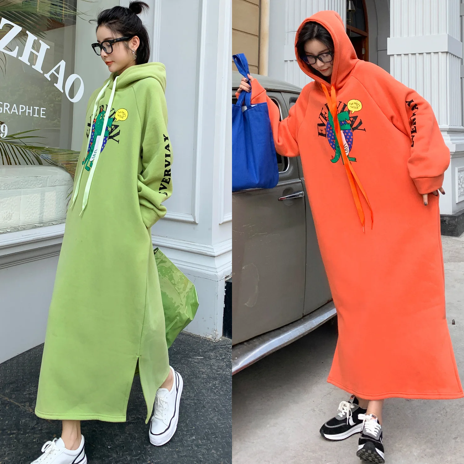 

2019 Autumn And Winter New Style Laziness-Style Thick plus Velvet Long Loose-Fit Hoodie Women's Casual Dress