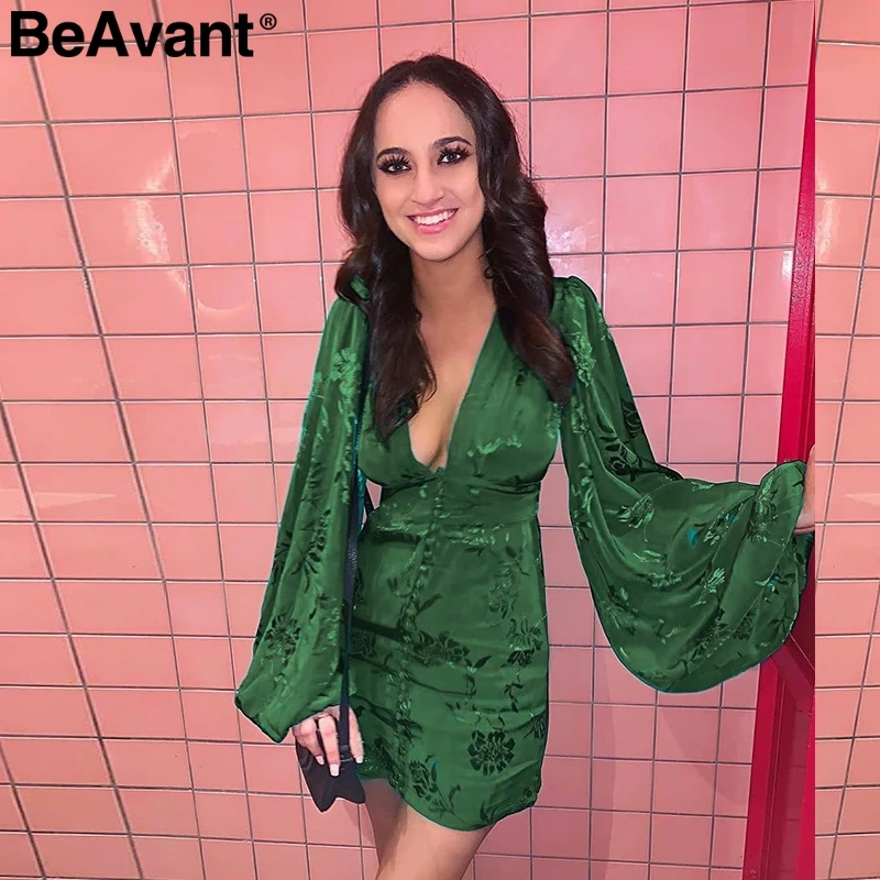Tanie BeAvant seksowna dekolt w szpic krótka sukienka zielona wstążka elegancka sukienka rękaw damski poszerzany typu lantern jednorzędowa mini sukienka letnia