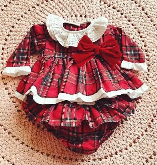 Милые красные рождественские комплекты для маленьких девочек; боди; одежда для малышей; мини-платье; комбинезон принцессы с бантом; клетчатые Детские костюмы