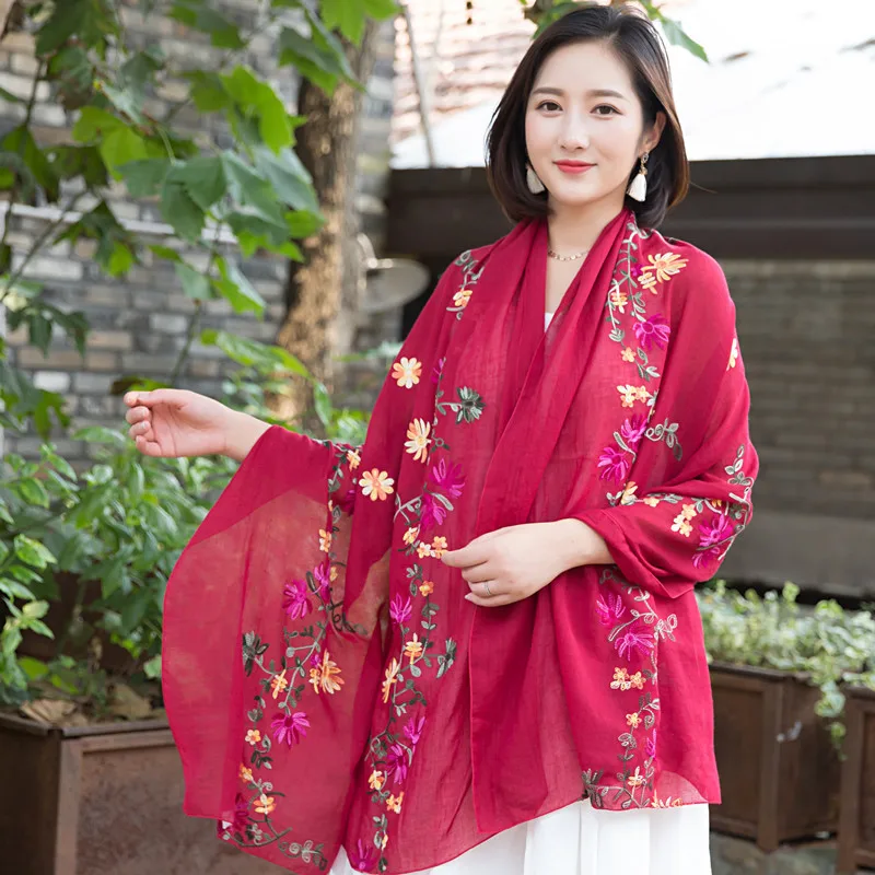 

Chinese Style Women Embroidery Floral Scarf Shawls Elegant Cotton Voile Stole Mantilla Muffler National Beach Sunscreen Scarves