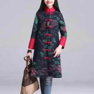 Autumn And Winter Large Size Dress Mid-length Cotton-padded Clothes Ethnic-Style Padded Cotton Coat Printed Cotton Linen Co