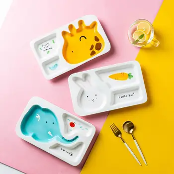 

MDZF SWEETHOME Cartoon Anima Children'S Dinner PlatE Snack Dessert Separated Grid Plate Ceramic Oven Tableware Tray
