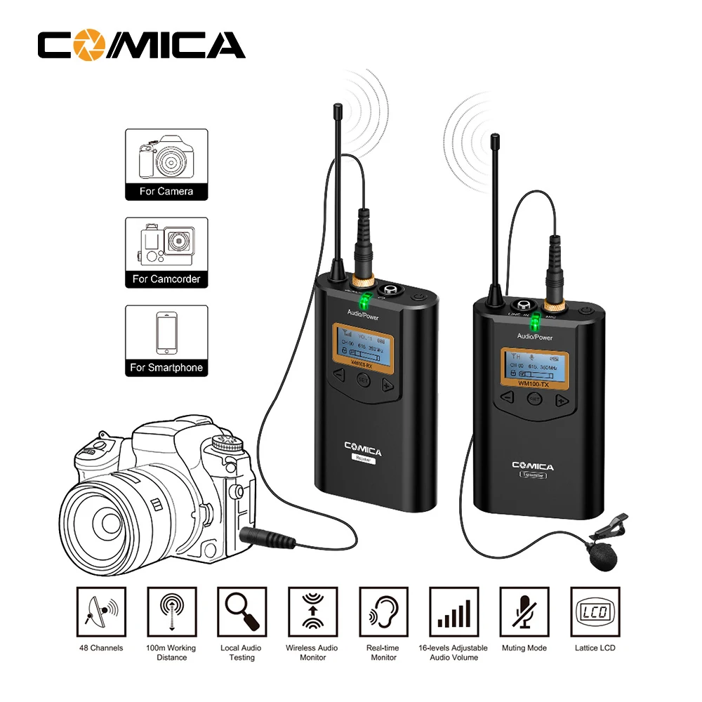 COMICA CVM-WM100 UHF 48 каналов и 100 м рабочее расстояние всенаправленные беспроводные ПЕТЛИЧНЫЕ микрофон для камеры смартфона