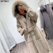 OFTBUY пальто с натуральным мехом, зимняя куртка для женщин, Воротник из натурального Лисьего меха, капюшон, кашемировая шерсть, удлиненная верхняя одежда, уличная одежда, Корея