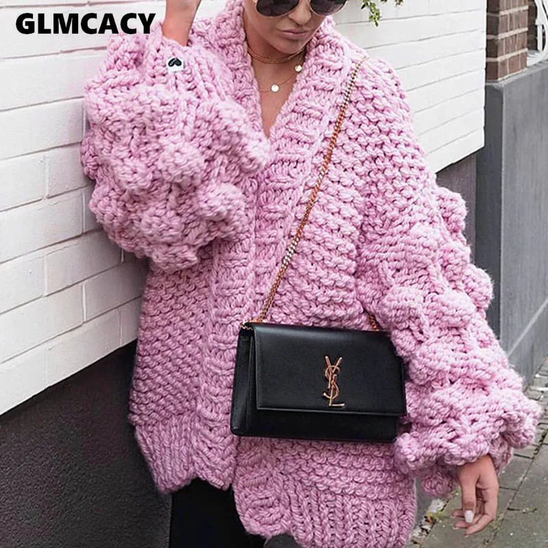 

Women Casual O-neck Lantern Sleeve Thick Cardigans Streetwear Solid Hollow Out Long Sleeve Open Stitch Sweater