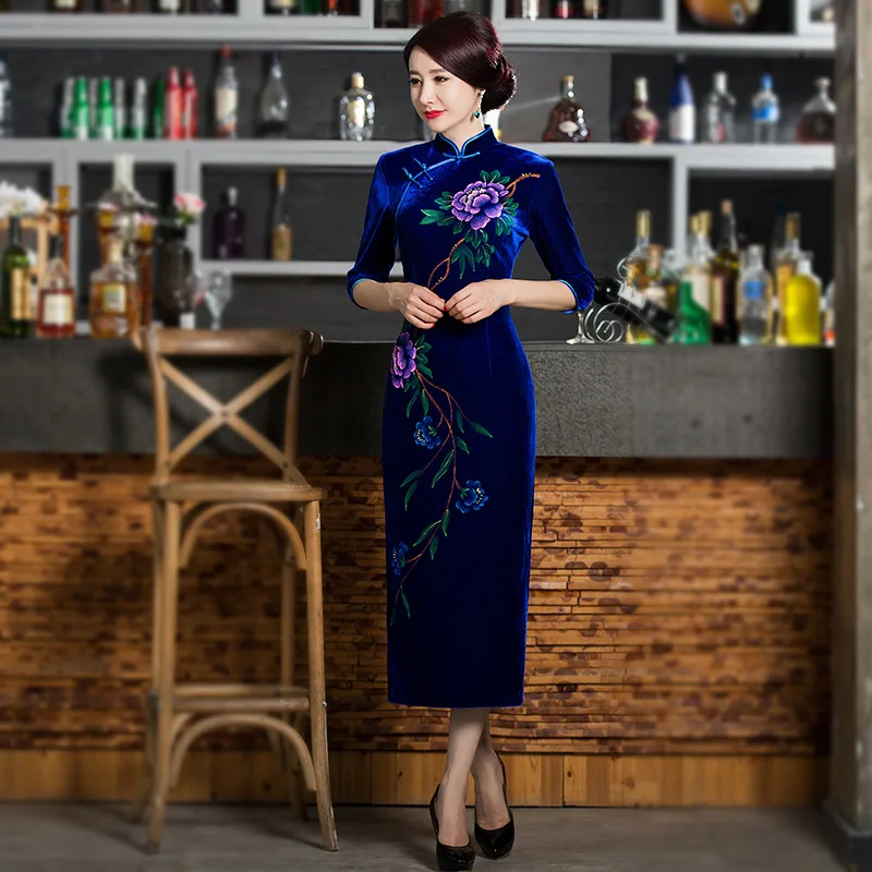 Элегантный женский цветок Cheongsam синий сексуальный тонкий вечернее платье бархат Винтаж Мандарин Воротник Qipao с высоким разрезом велюр Vestidos