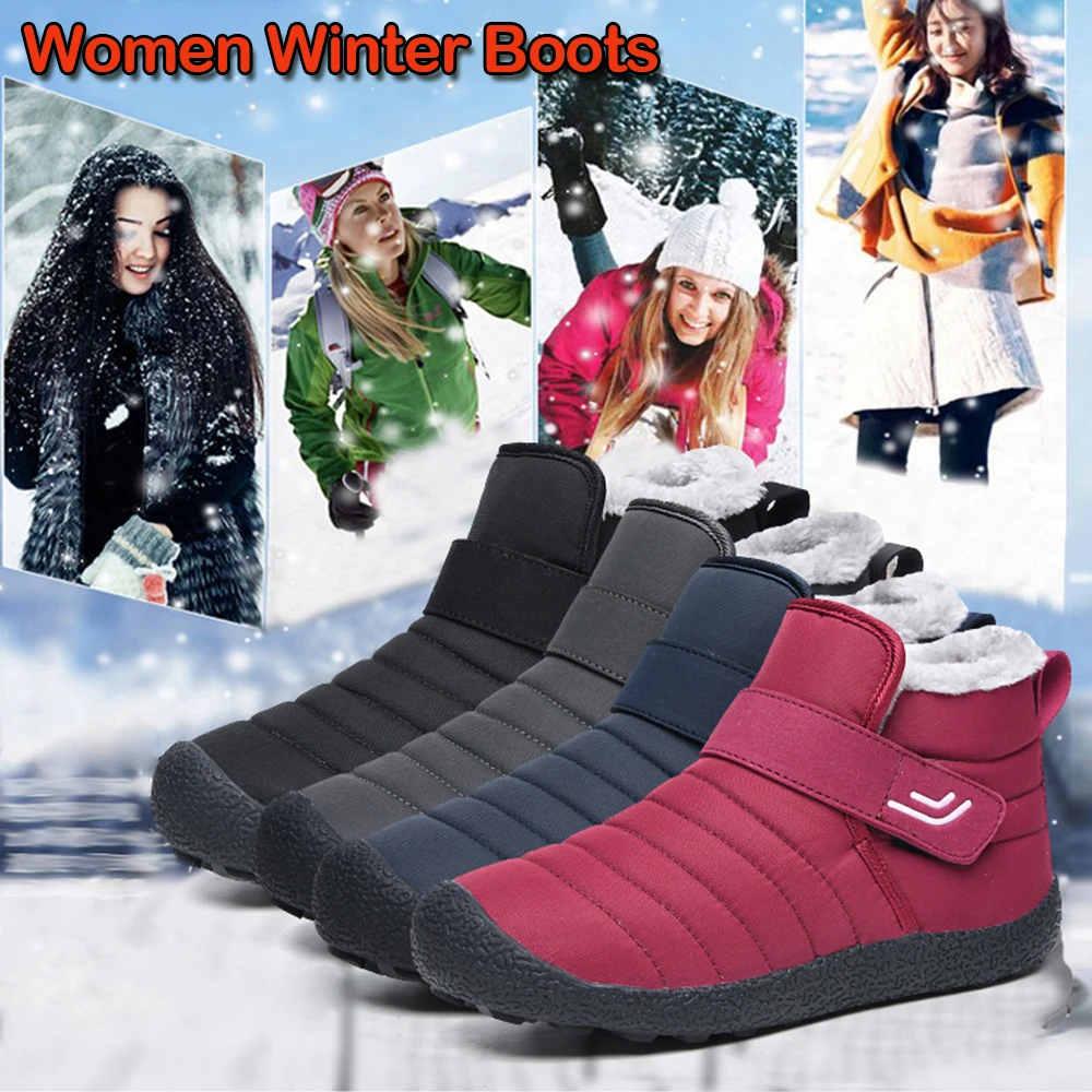 Winter Women's Snow Boots Fur Lined Ankle Boots Casual Warm Non Slip Footwear Slip On Flat Shoes Botas Mujer D30