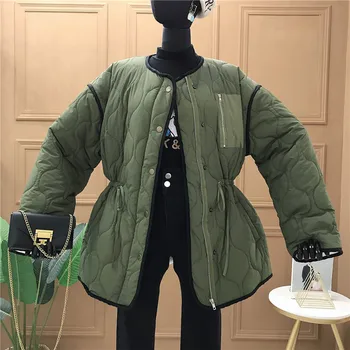 

New Autumn Winter All-match O Neck Single Breasted Women Cotton-padded Coat Loose Slim Waist Female Wadded Jacket Coat