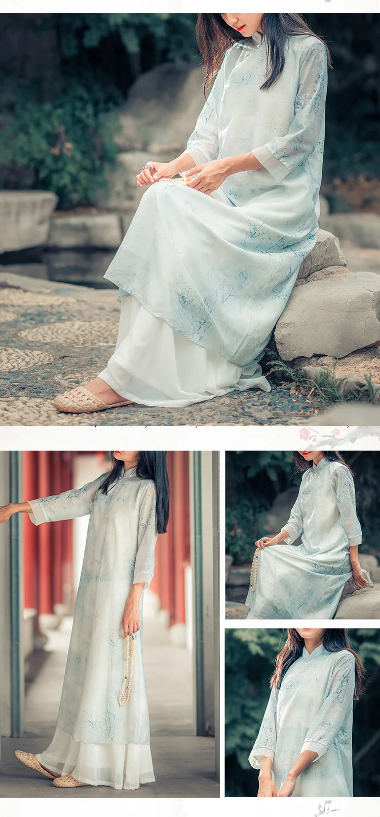 Китайский стиль Cheongsam для женщин Осень семь рукав хлопок лен Кнопка Винтаж Женская одежда трапециевидные платья