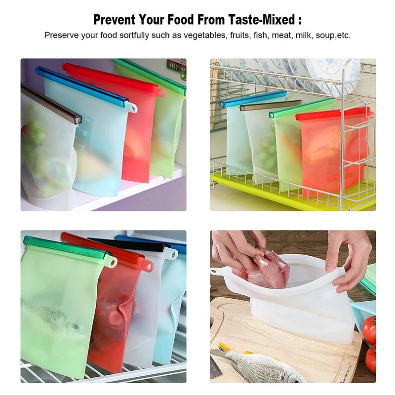 Silicone Food Bag 4 Color Environmental Protection Hangable Strip Reusable Seal Food Storage Bags Household Kitchen Ziploc