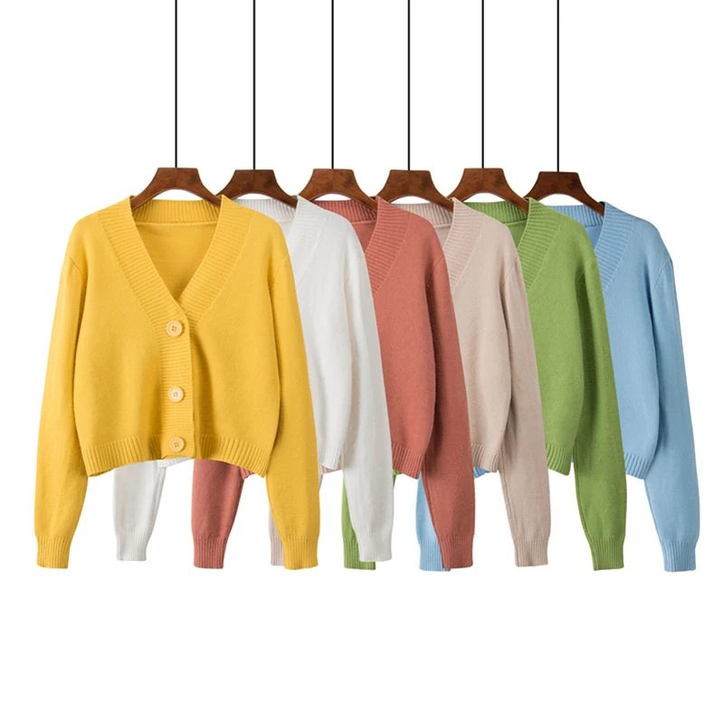 

Knitted Cropped Cardigan Korean Buttons Long Sleeve V-neck Short Sweater Women 2019 Spring Autumn Loose Female Cardigans White