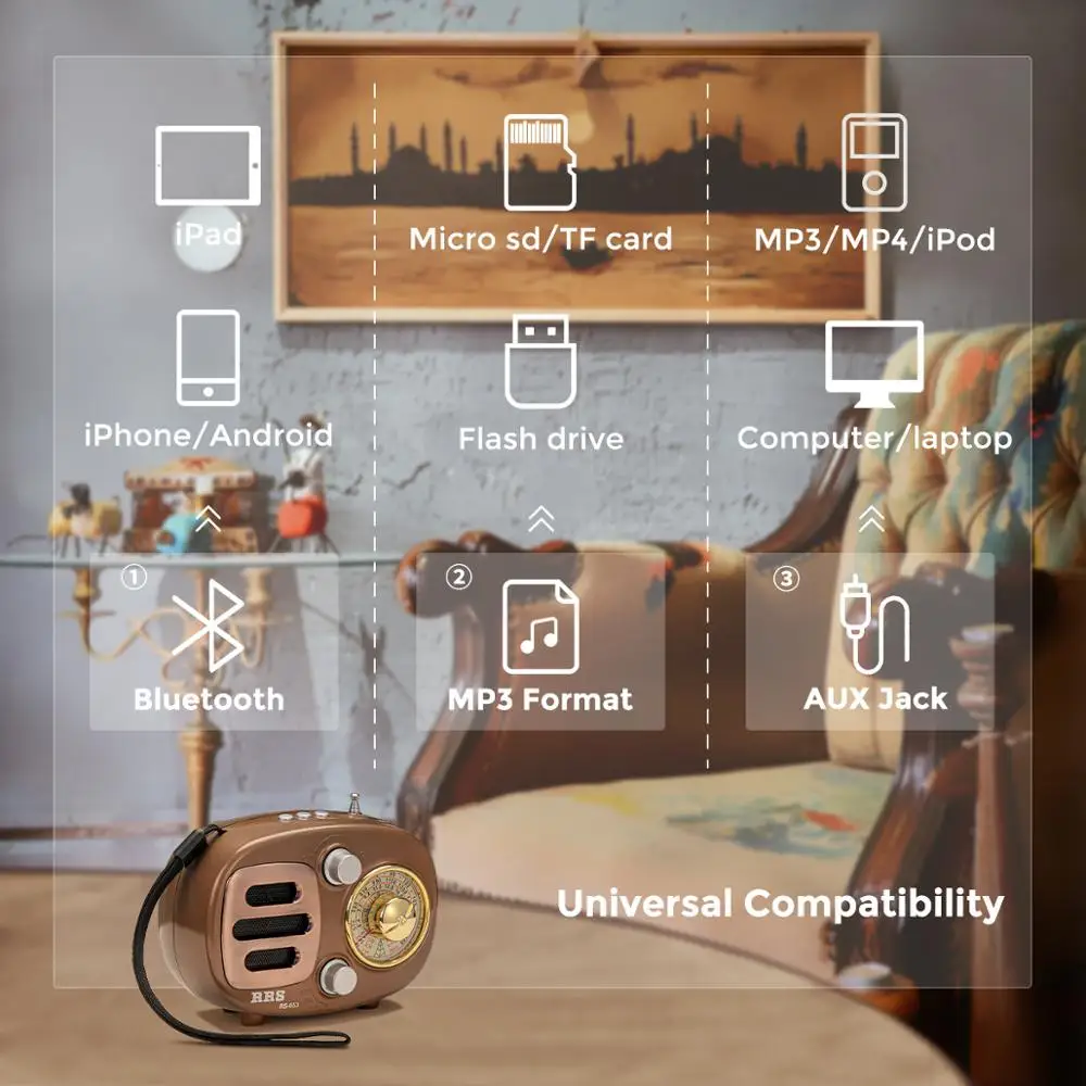 Портативное ретро радио PRUNUS Bluetooth колонка AM и FM с перезаряжаемой батареей