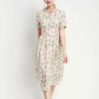 

Bohemia Print Floral Bow Short Sleeve Elegant Temperament Slim Women'S Dress Spring Summer High Quality New