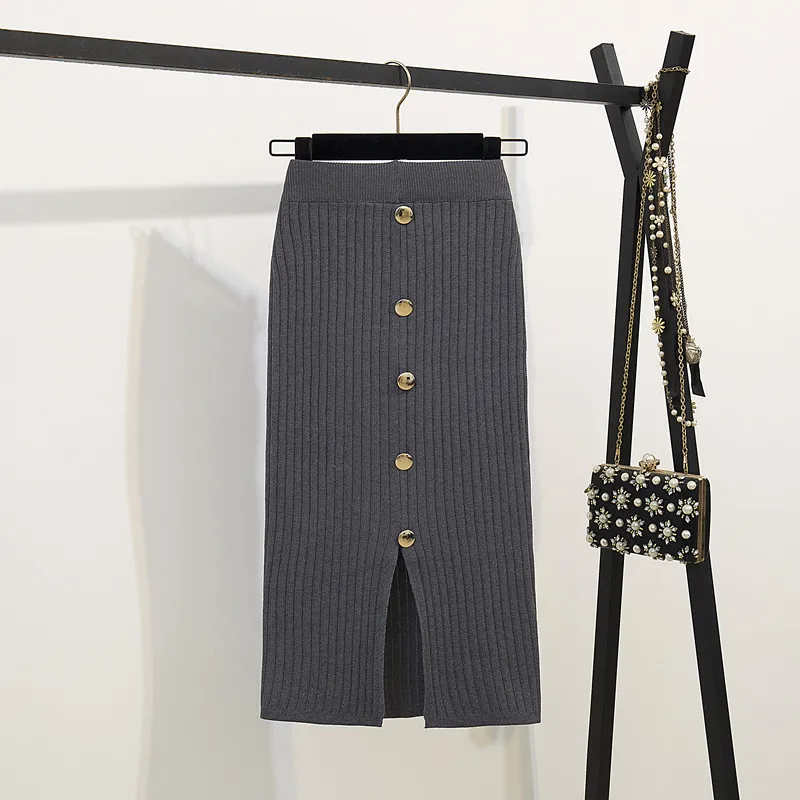 Однотонная вязаная юбка для женщин; сезон зима-осень; один размер; эластичная высокая посадка на пуговице; элегантная японская офисная юбка в стиле Харадзюку; B13 - Цвет: Серый