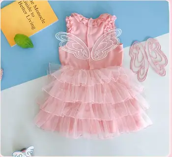 

2020 Summer New Children Baby Pink Chiffon Mesh Cake Dresses With Wing, Girls Princess Sweet Clothes 5 Pieces/lot Wholesale