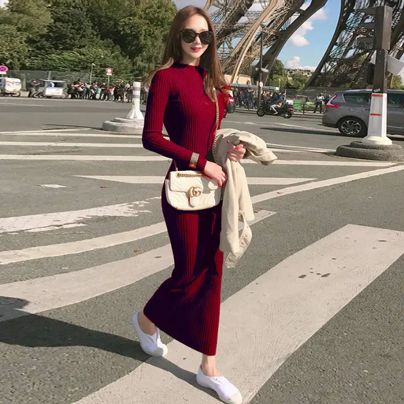 

BARESKIY women's dress O-neck knit cashmere long Sweat solid color slim long sweater was thin fashion stretch Korean long sleeve