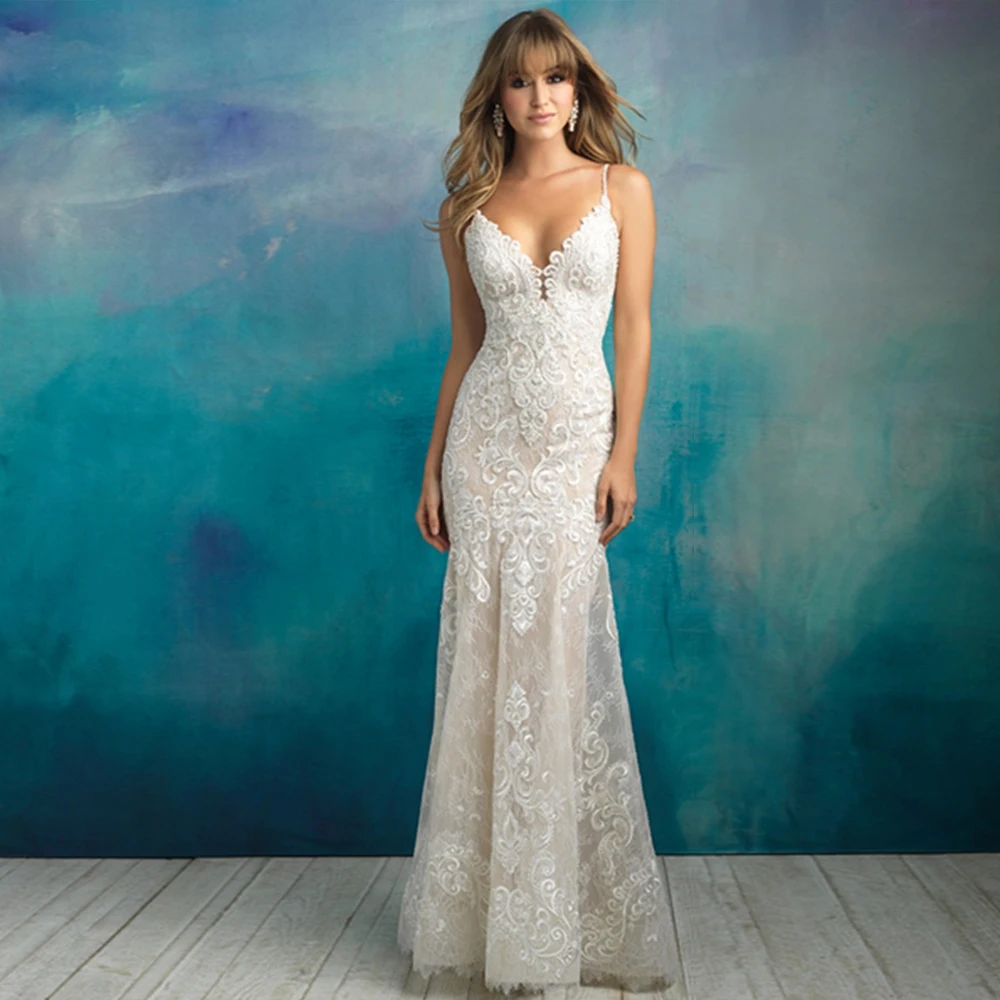 Wedding Dresses Spaghetti Straps V-neck Backless Beading Appliques Lace Sexy Mermaid Wedding Dress