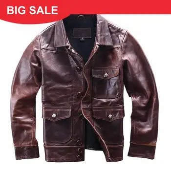 

2020 Retro Brown Men Casual Leather Jacket Single Breasted Plus Size XXXL Genuine Cowhide Autumn Slim Fit Short Leather Coat