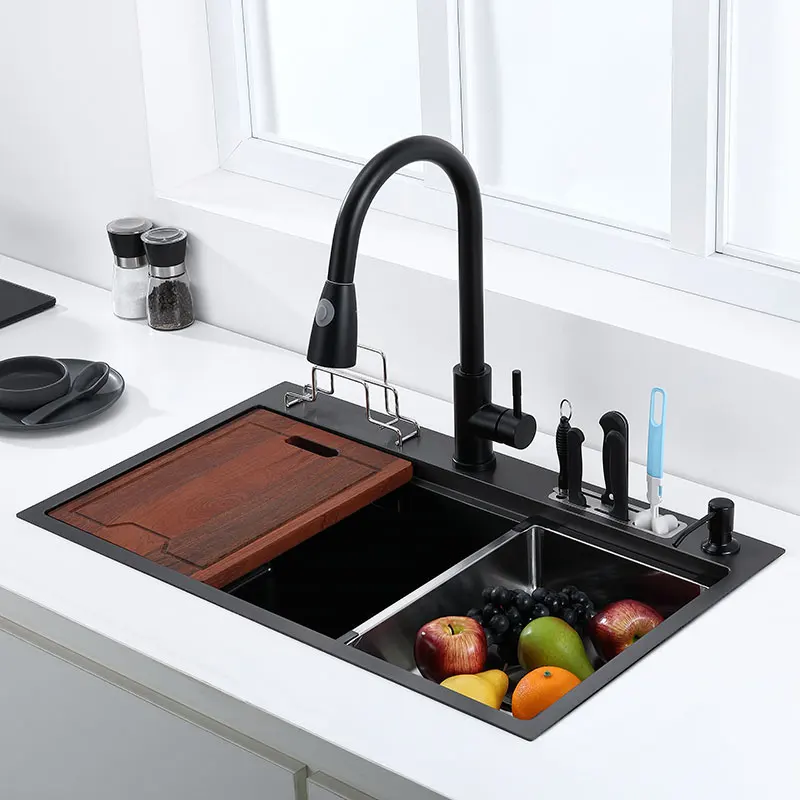Black High and low sink kitchen sink With knife holder vegetable washing basin With cutting board stainless steel pia black