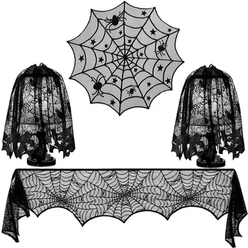 

4Pcs Halloween Tablecloth Spooky Bat Spiderweb Lace Tablecloth, Lace Table Cover, Lamp Shades and Fireplace Scarf Cover