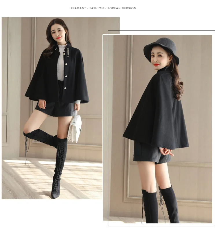 Autumn And Winter Short-height Short Cloak Shawl Woolen Jacket Women's Loose-Fit Bat Sleeved England Students Woolen Overcoat Wo