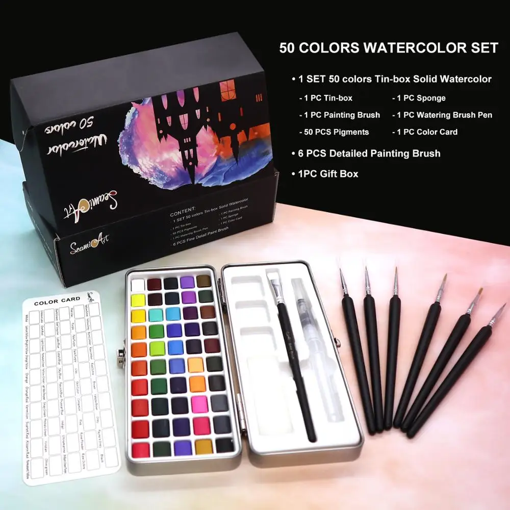 

SeamiArt 50Color Solid Watercolor Paint Set Portable Metal Box Watercolor Pigment for Beginner Drawing Watercolor Paper Supplies