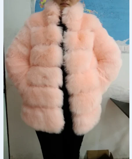 Новая куртка из искусственного лисьего меха, женская зимняя куртка из искусственного лисьего меха, женская теплая розовая шуба из искусственного лисьего меха, женская меховая куртка размера плюс - Цвет: Розовый