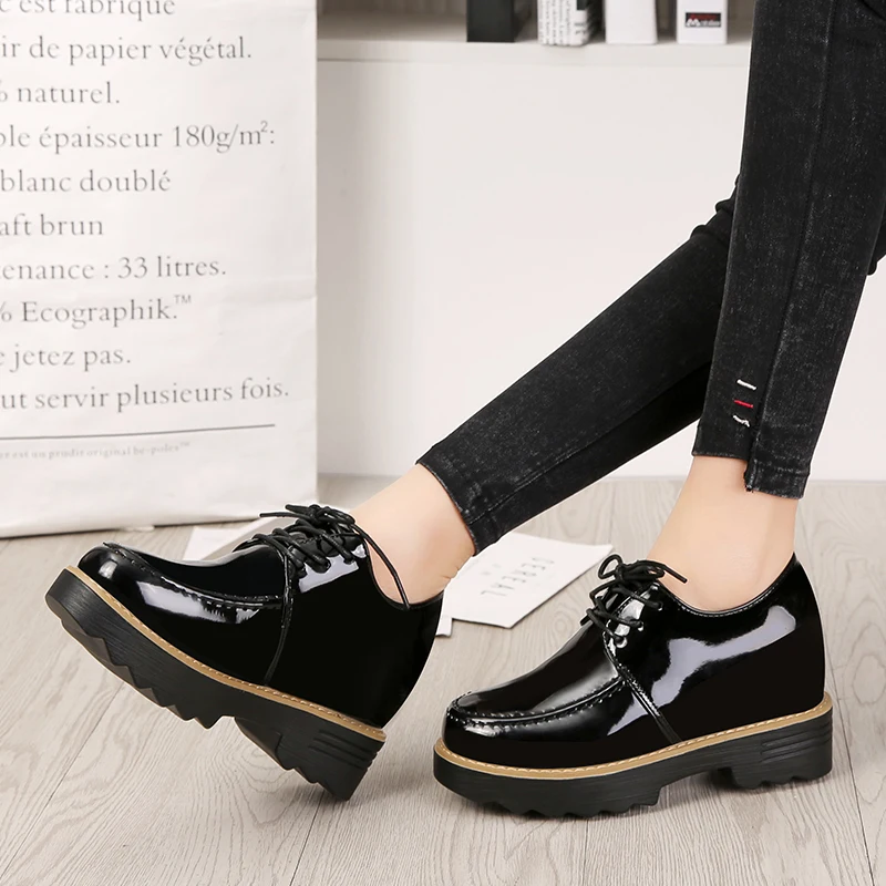 

Patent Leather Sneakers Women Shoes Flat Platform Shoes Woman Lace Up Casual Shoes Loafers Increased Ladies Shoes Solid Oxfords