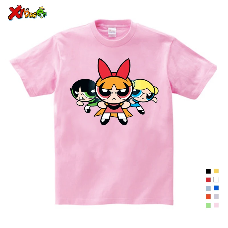 Лидер продаж, Детская футболка с надписью «Powerpuff» для девочек хлопковая футболка с короткими рукавами с цветком Веселая футболка для маленьких девочек, От 3 до 12 лет