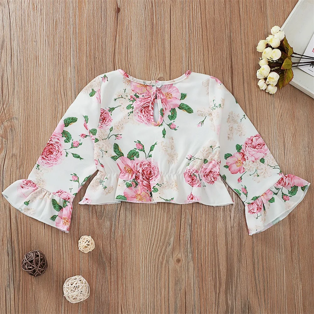 Pudcoco/Одежда для маленьких девочек с цветочным принтом; короткие топы с длинными рукавами; мини-юбка на пуговицах; комплект из 2 предметов; хлопковая одежда