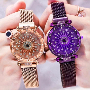 

2020Women Luxury Ladies Watch Stainless Steel Magnet Buckle Rotating Diamond Dial Watch Quartz Watches Clock Relogio Feminino