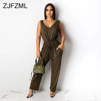 

Causal V Neck Solid Jumpsuits for Women 2019 Tank Sleeveless Drawstring Lace Up Romper Plus Size Streetwear Empire Slim Overall