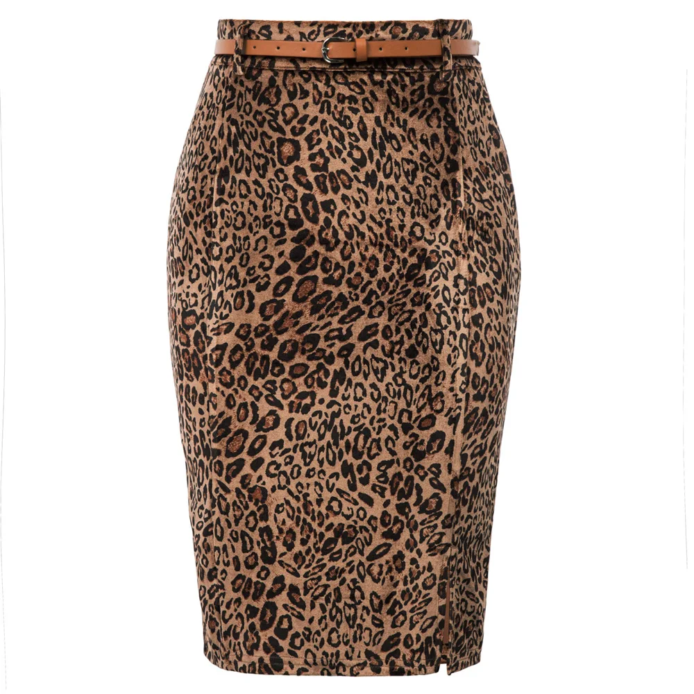 

Women Leopard skirt slim fit Pencil Skirt Belt sexy side split knee length Hips-Wrapped Bodycon OL office lady work skirts falda