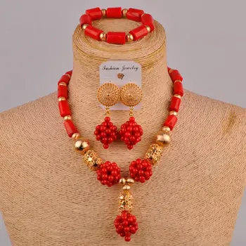 

red african beads jewelry set nigerian wedding coral set 20C50
