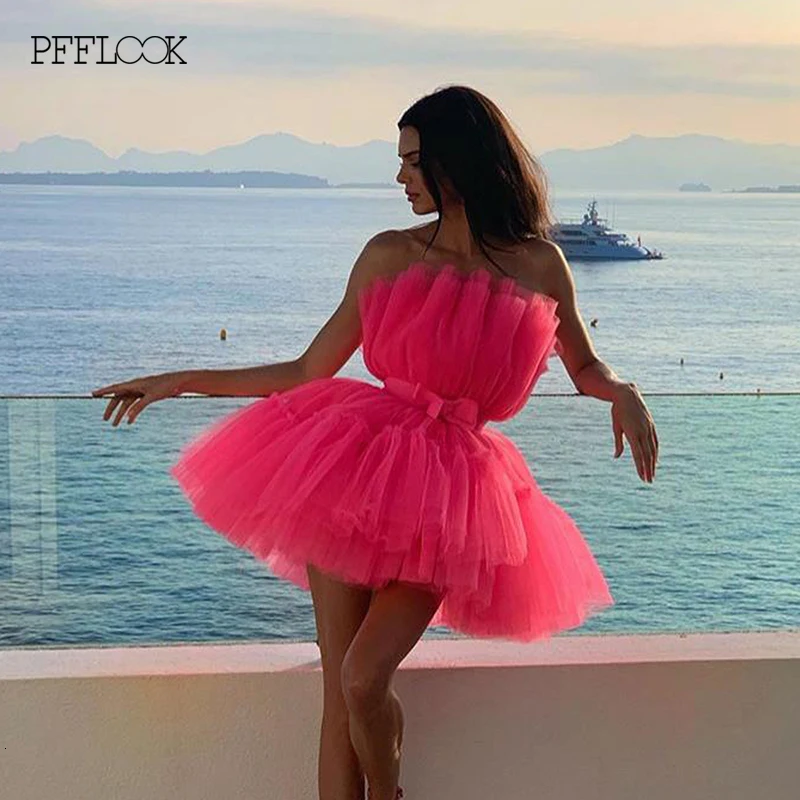 PFFLOOK летнее Розовое Бальное Платье Kendall Jenner, женское платье, туника с бантом, бальное платье, мини элегантное вечернее платье для женщин