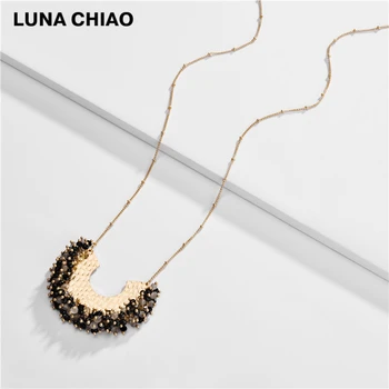 

LUNA CHIAO 2020 Fall Winter Trendy New Cluster Crystal Beads Half Moon Shape Metal Pendant Necklace for Women