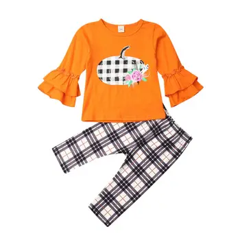 

Halloween Toddler Kids Baby Girl Clothes Pumpkin Ruffle Long Sleeve Tops T shirt Plaids Pants Outfit Clothes Set
