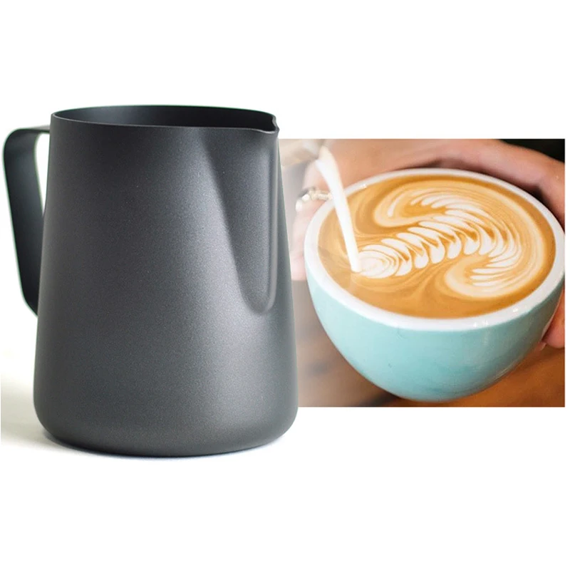 

Coffee Flower Cup Non-Stick Stainless Steel Black Kettle With Handle Barista Craft Kettle Milk Jug Latte Milk Mixing Container