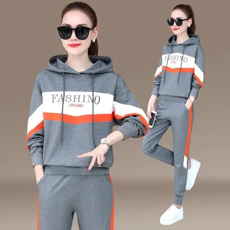 

2020 Sweater 2 Piece Outfits for Women Autumn Fashion Loose Letter Stitching Plus Size Two Piece Sets Grey Blue Black Clothes
