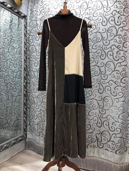 

2020 Early Autumn New Women's Turtleneck Long-Sleeved Bottoming Shirt Color Matching Stitching off-Shoulder Dress 801