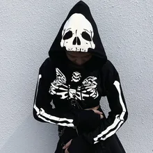 Reflective Skull Hoodies Women Crop Top Hooded Sweatshirt Long Sleeve Coat with Chain Decorate Rothic Black Irregular Hem 2020